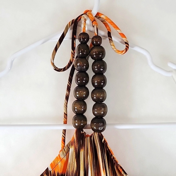 Suzie Couture Wood Bead Embellished Tie Open Shoulder Top Size L - Picture 2 of 6